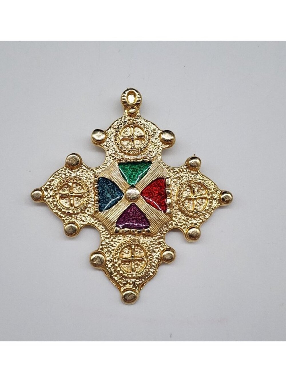 1980s Elle Gold Tone Enamel Maltese Cross Brooch Vintage Enamel 2-3/8"